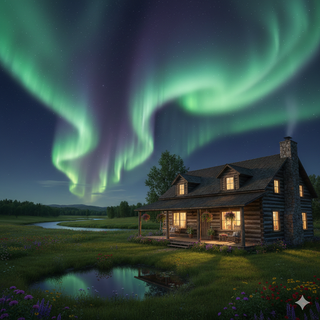 Ranch House underneath the Aurora Borealis during Summer