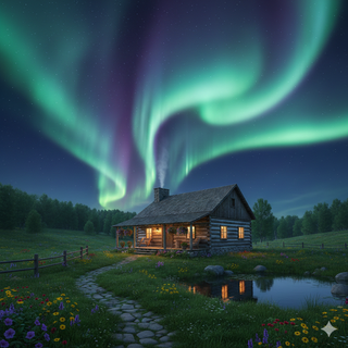 Ranch House underneath the Aurora Borealis during Spring