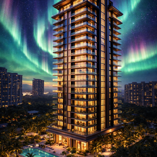 skyscraper in northern lights