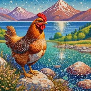 Chicken by a lake