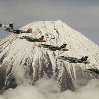 Formation of U.S. Aircraft Passing Mount Fuji Japan