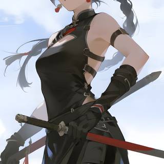 A stealthy anime girl dressed like a ninja moves silently across a moonlit rooftop.