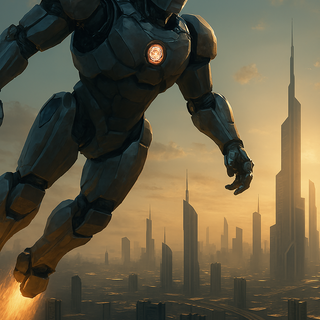 futuristic robot flying over big city