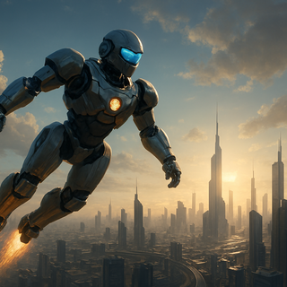 futuristic robot flying over big city