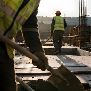 Several people are working on a construction project, and the one closest to the viewer is holding a shovel.