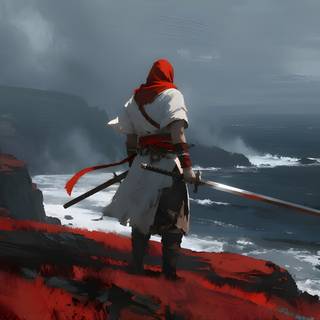 A red knight unsheathes his sword while gazing across the vast mountains and valleys stretching before him.
