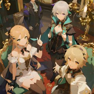 Several anime girls sit and relax, sharing a calm and friendly moment.