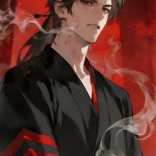 An angry samurai stands firmly, showing intense determination and strength.