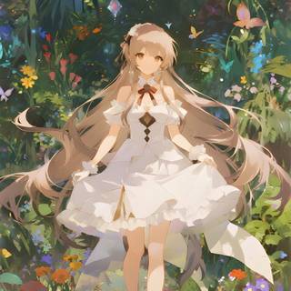 An anime girl stands in the garden, enjoying the peaceful surroundings.