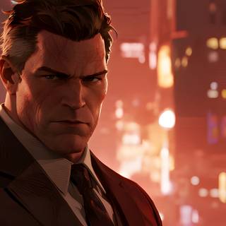 A large-built detective stands against a red cyberpunk background, resembling a crime game atmosphere.