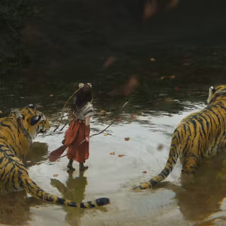 Young Archer Girl Among Her Tigers Fantasy Artwork