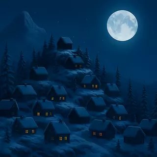 Houses in mountains at night
