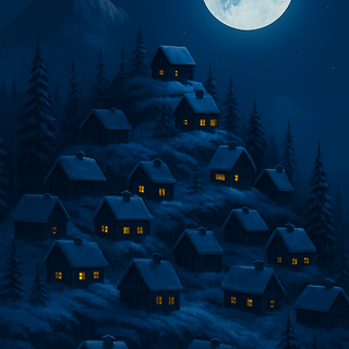 Houses in mountains at night
