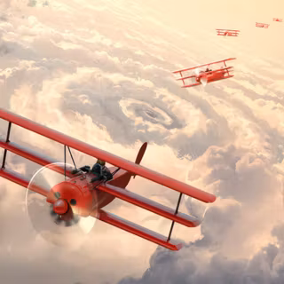 Red Baron Biplanes Flying Through Clouds