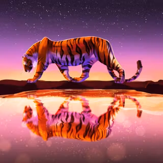 Tiger Reflected In Water Under Starry Sky