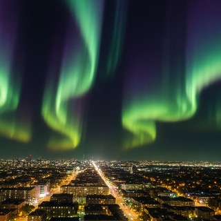 beautiful city with northern lights