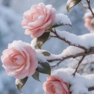 Snowy Pink Camellia 4K Wallpaper