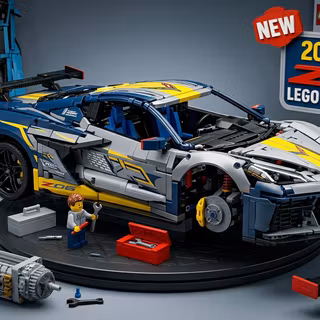 CHEVROLET CORVETTE LEGO WITH TINY LEGO HUMAN AND (NEW! 20W 2023 LEGO TECHNIC SET SIGN)