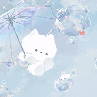 cute cat floating with umbrella