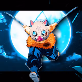 Inosuke Hashibira: Beast Unleashed – 4K Cinematic Desktop Art. High-contrast compositing featuring a moonlight silhouette, aggressive shards, and glowing blue aura effects.