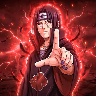 Itachi Uchiha: Crow & Lightning – 4K Cinematic Masterpiece. High-detail compositing with red lightning aura, falling crow feathers, and cracked earth background.