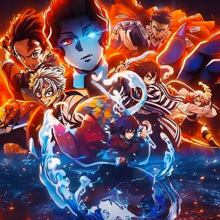 Demon Slayer: The Final Battle – Muzan vs Hashiras 4K Wallpaper. Epic cinematic compositing with high-contrast red and blue lighting, featuring all major Hashiras and the Demon King.