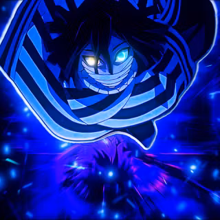 Obanai Iguro: The Serpent's Strike – 4K Neon Cinematic Wallpaper. High-impact blue lighting with dual-eye glow, shattered glass debris, and intense energy compositing.