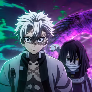 The Wind & The Serpent – Sanemi x Obanai 4K Cinematic Wallpaper. High-impact dual-tone compositing featuring Sanemi Shinazugawa and Obanai Iguro with a massive spectral serpent background.