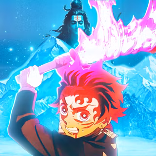Tanjiro Kamado x Lord Shiva: The Divine Flame – 4K Crossover Wallpaper. Cinematic fusion of Hinokami Kagura with a spiritual Mahadev backdrop set in the serene Himalayas.