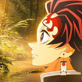 Tanjiro Kamado: Golden Hour in the Mist – 4K Nature Wallpaper. Cinematic atmospheric compositing featuring realistic forest sun rays and soft golden lighting.