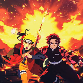 The Ultimate Duo: Naruto x Tanjiro – 4K Crossover Wallpaper. High-impact explosive compositing featuring Sage Mode Naruto and Hinokami Tanjiro with fiery background effects.