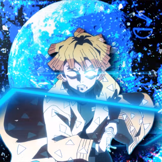 Zenitsu Agatsuma: Thunder God Speed – 4K Stylized Wallpaper. High-impact blue electric compositing with neon geometric frames, cosmic moon background, and glass shatter particles.