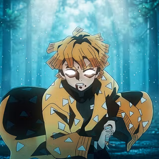 Zenitsu Agatsuma: Cosmic Flash – Advanced 4K Cinematic Wallpaper. High-impact blue lighting with cosmic nebulas, shattered ice elements, and precise abstract geometry compositing.