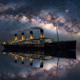 RMS Titanic gliding through calm waters at night
