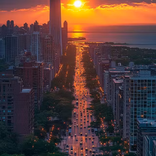 Chicago's Art Deco Skyline: Aerial Views at Sunrise"