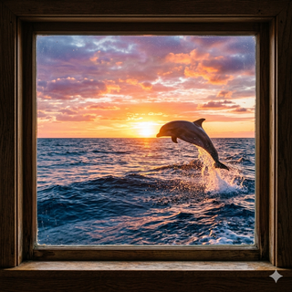 Window view of a Dolphin at Sunset