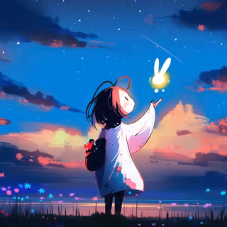 Girl With Glowing Bunny In Flower Field