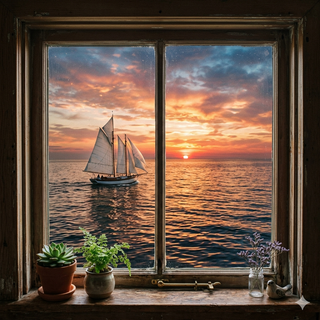 Window view of a Sailboat sailing into the Sunset