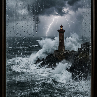 Window View of a Lighthouse during a Storm