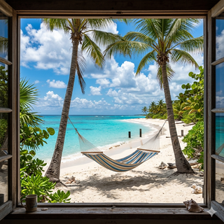 Window View of a Hammock on a Tropical Beach