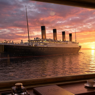 Window View of RMS Titanic sailing into the Sunset