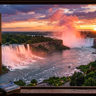 Window View of Niagara Falls at Sunset