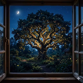 Window View of Tree of Life at Night with Fireflies