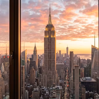 Window View of Empire State Building at Sunrise