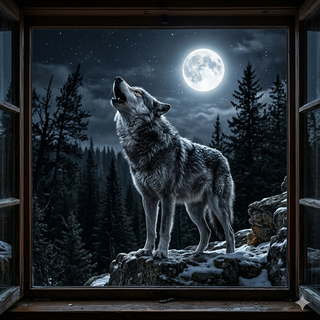 Window View of a Majestic Wolf howling at the Moon