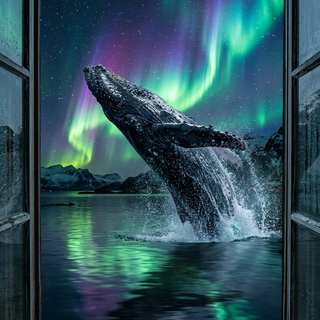 Window View of a Humpback Whale with Aurora Borealis