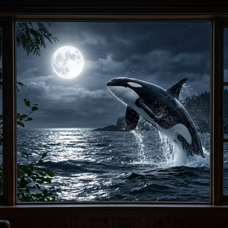 Window View of an Orca Whale with a Full Moon