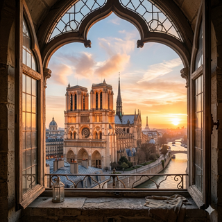 Windows View of Notre Dame Cathedral at Sunrise