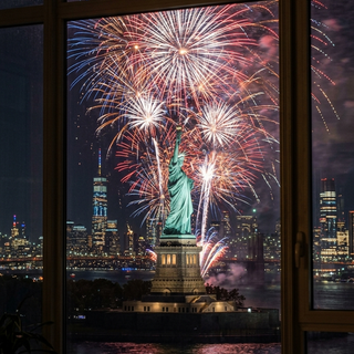 Window View of Statue of Liberty with Fireworks