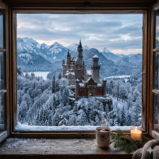 Window View of Neuschwanstein Castle in a winter wonderland